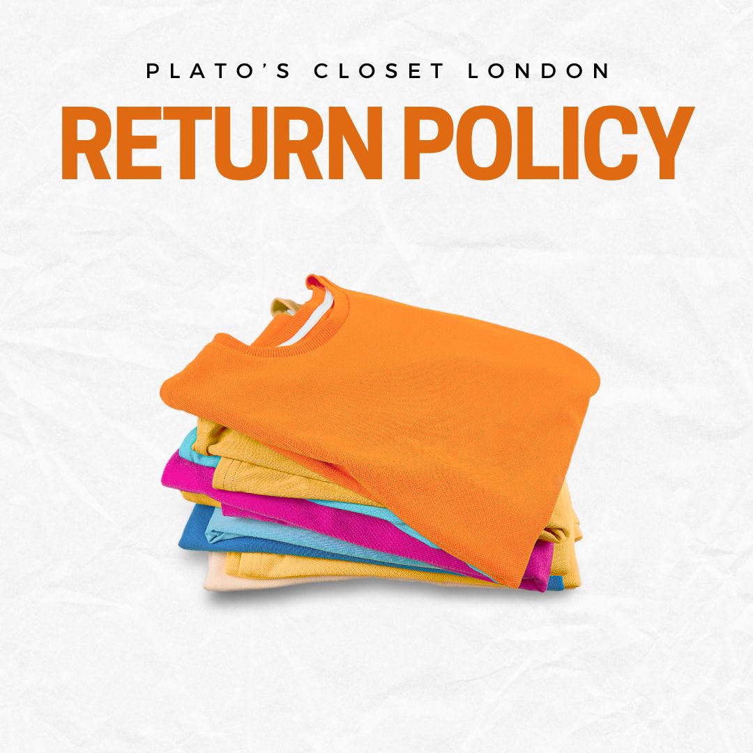 Clothing folded and stocked in a pile with text over image saying 
